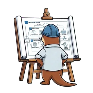 Otter in a hard hat studying a site blueprint