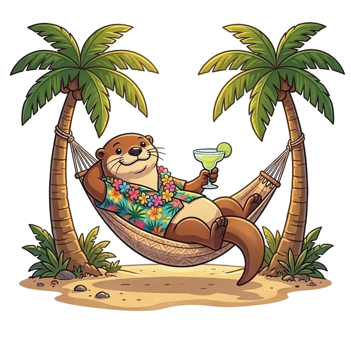 An otter relaxing in a hammock with a cool drink between two palm trees