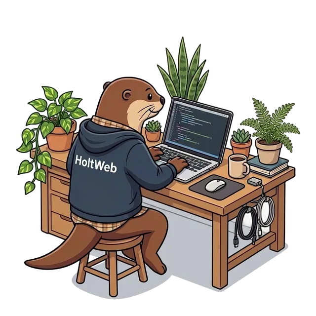 Otter in a HoltWeb sweater, coding on a laptop at its desk